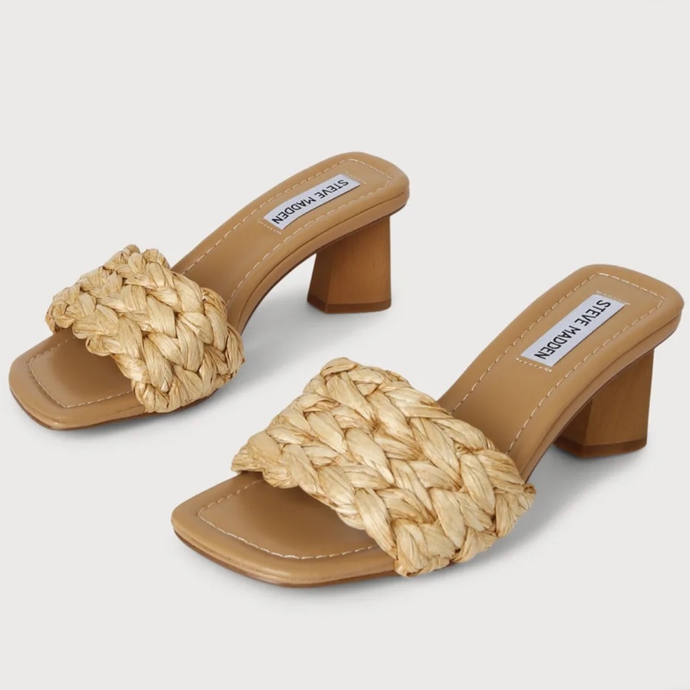 Steve Madden Saged Neutral Raffia Square Toe High Heel Slide Sandals